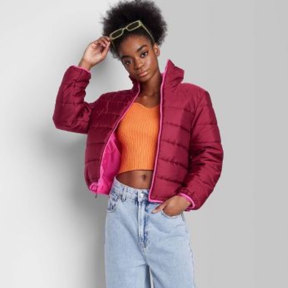 wild fable Burgundy Puffer Bomber Jacket with Pink Trim